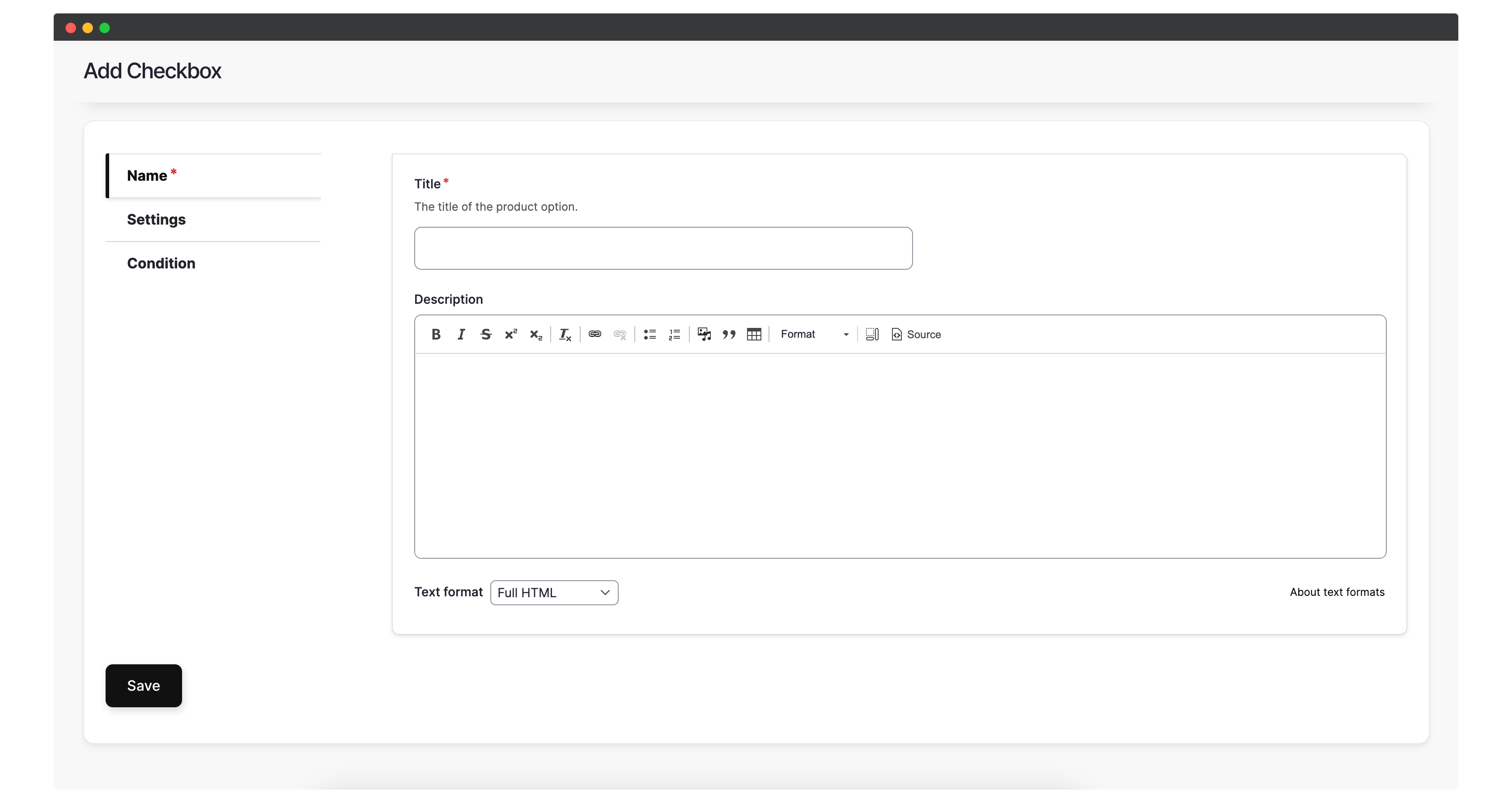 Product Options Form.